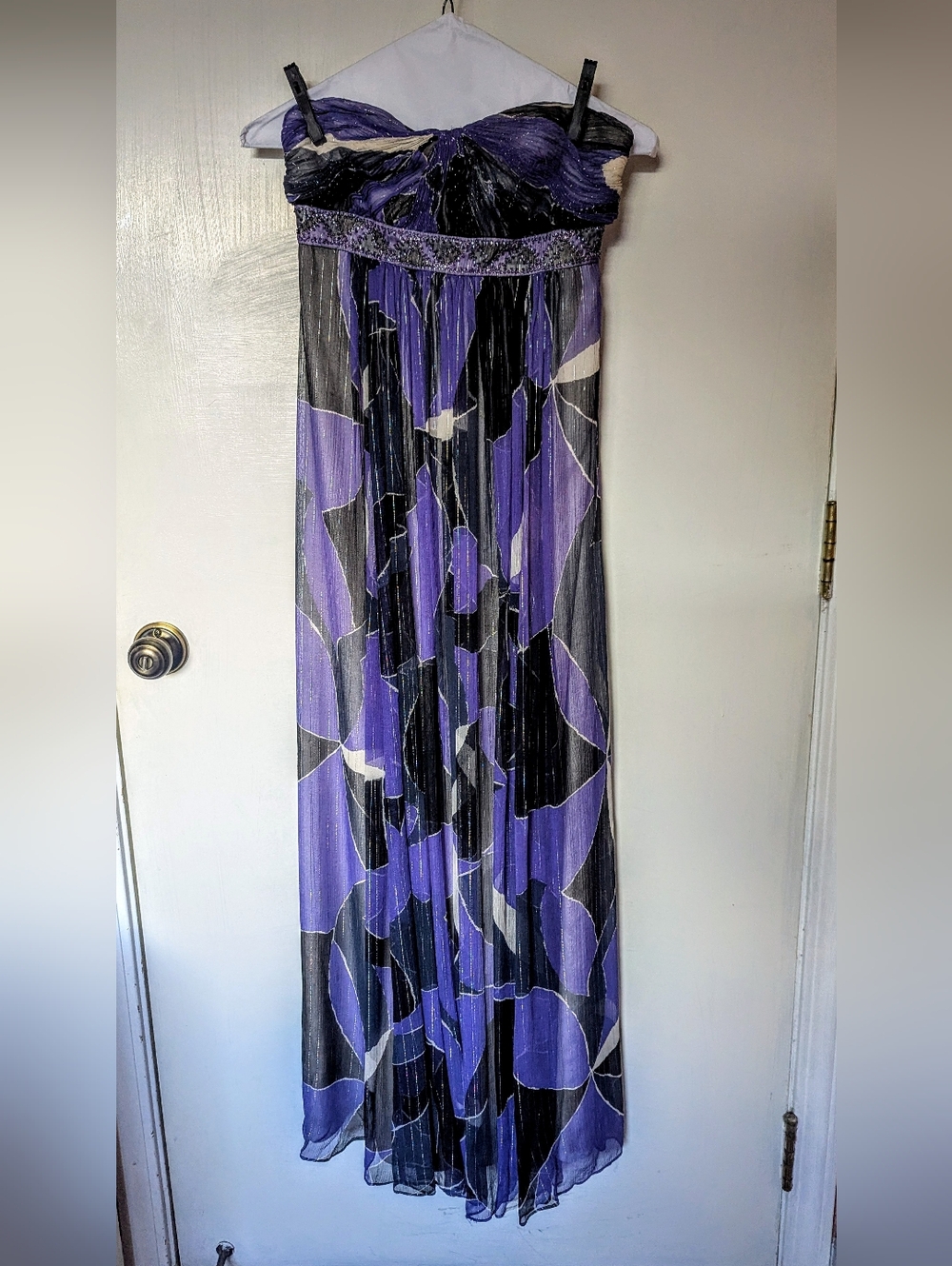 BCBGMAXAZRIA Black And Purple Patterned Strapless Maxi Dress